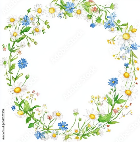 A round wreath of wildflowers. A watercolor botanical frame filled with summer field flowers and greenery. Painted in a whimsical style, available as clipart.