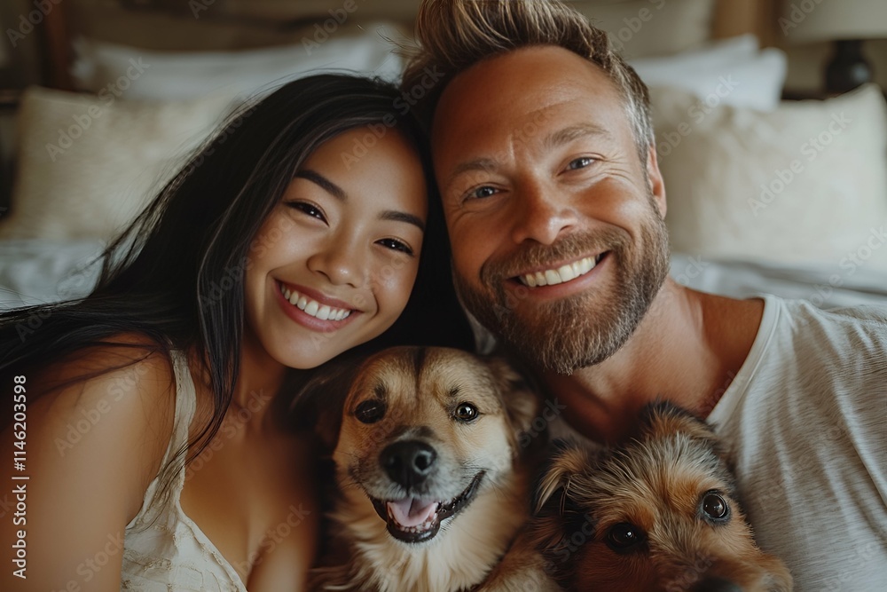 Happy family portrait of a couple with two smiling dogs sitting together indoors Happy family portrait of a couple with two smiling dogs sitting together indoors