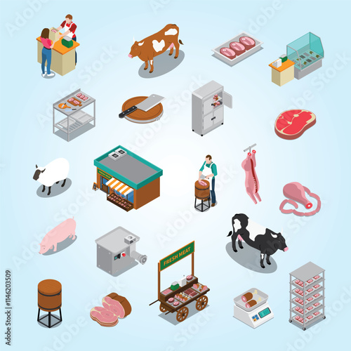 Isometric Butchery Icons Flowchart