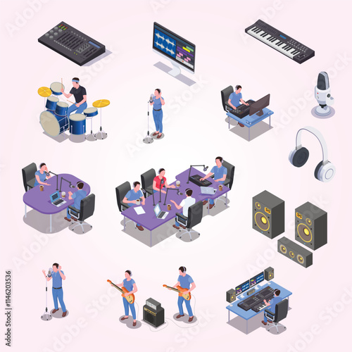 Radio studio icons set with music sound symbols isometric isolated vector illustration