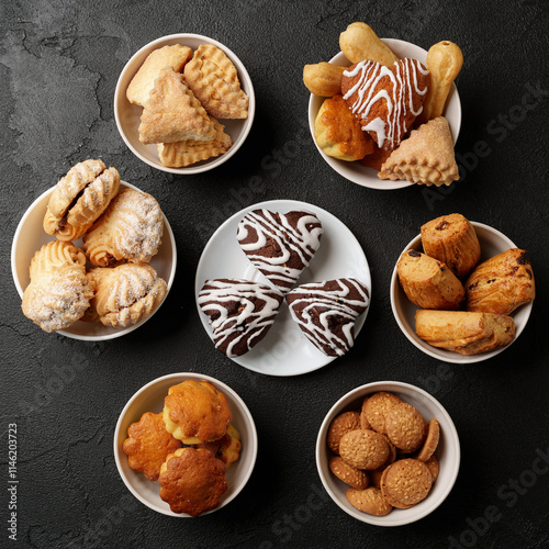 Assorted baked goods arranged in bowls on a dark surface for a festive gathering at a cozy kitchen