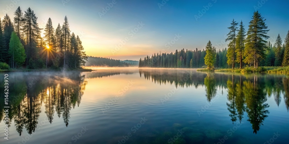 Obraz premium Serene Sunrise Over a Misty Lake with Pine Trees Reflected in the Still Water