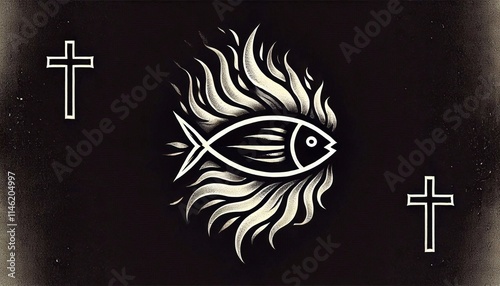 Christian symbol of fish on fire on black background photo