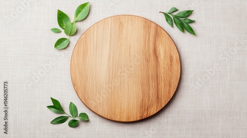 Wallpaper Mural Rustic Wooden Round Board Mockup Green Leaves Beige Fabric Torontodigital.ca