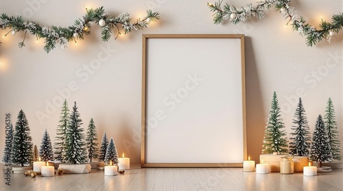 Blank Christmas mockup with golden frame and festive decor. Perfect for your holiday designs! Cozy winter scene with candles and miniature trees