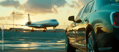 View of black luxury limousine car with private white jet in the background at the airport, private luxury escort  photo