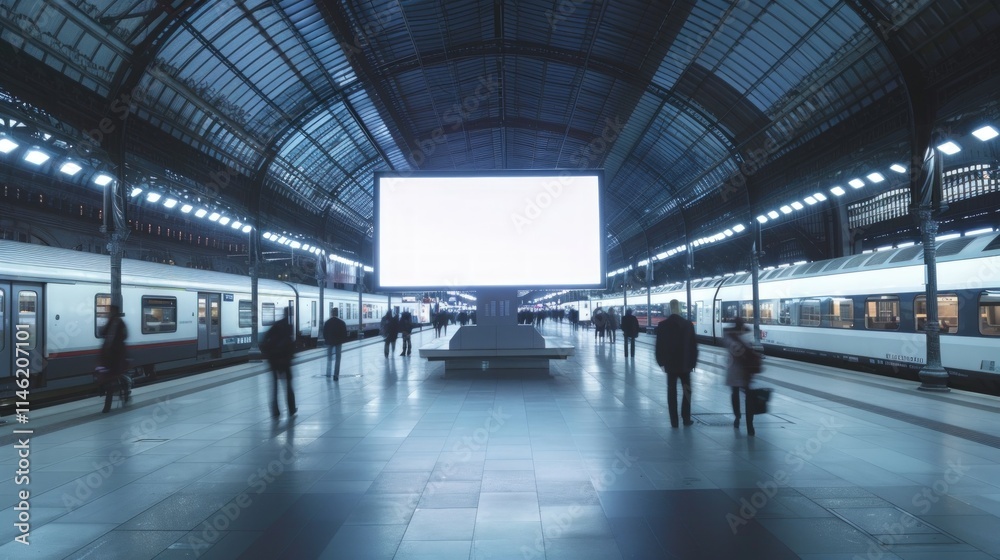 Blank billboard at a train station with commuters. Blank billboard at a train station with commuters.