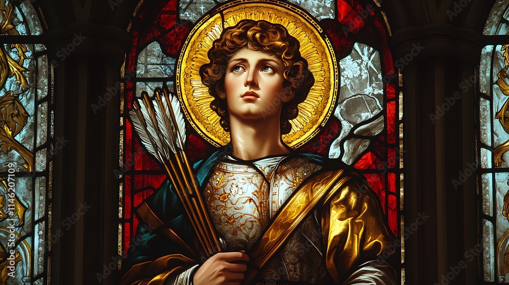 Fototapeta premium Saint Sebastian in a luminous stained-glass scene, shown as a martyr with arrows and a calm expression, glowing crimson and gray patterns,