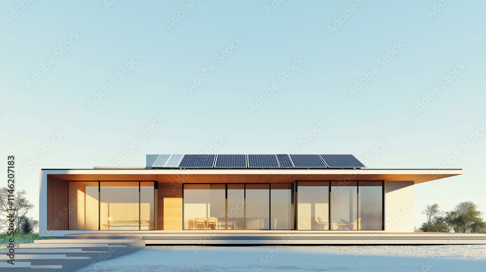 Fototapeta premium Solar panels installed on the roof of a modern building with the sun shining