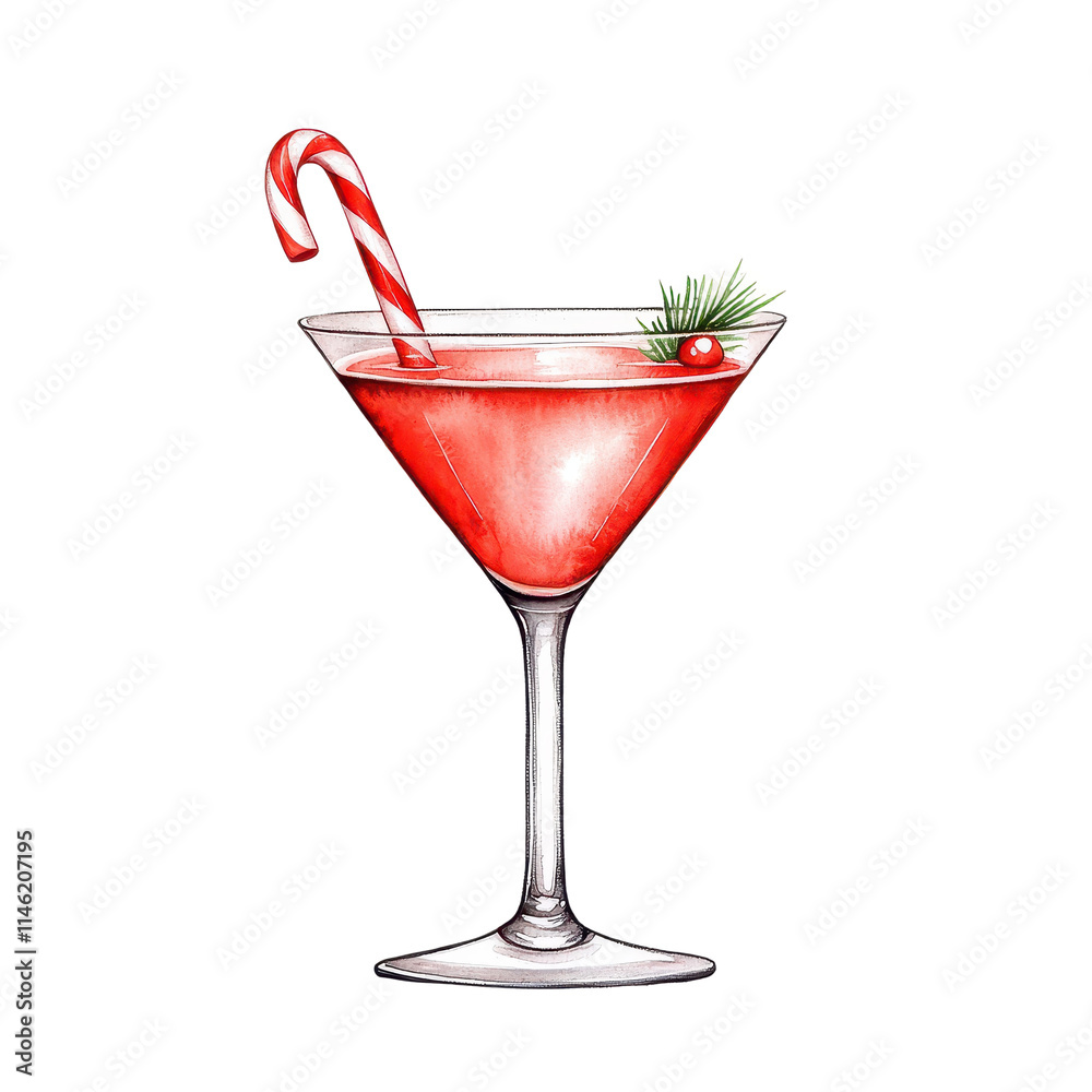 Watercolor Martini in a Tall Glass with Candy Cane Watercolor Martini in a Tall Glass with Candy Cane
