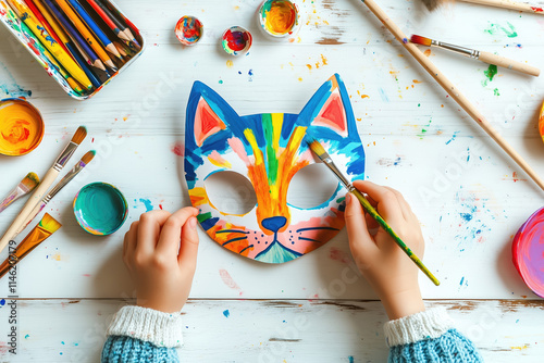 child's hands coloring a paper cat mask with colored pencils, paints and pencils lie nearby on a white wooden table. Concept of preparation for the holiday. photo