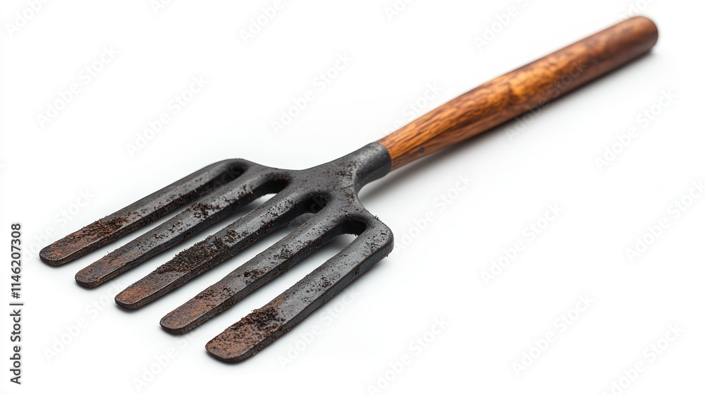 Naklejka premium A metal garden fork with a wooden handle, used for digging and turning soil.