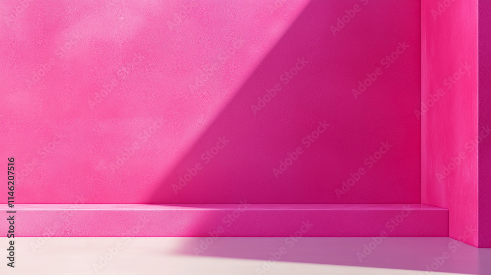 Minimalist vibrant pink wall with sunlight and shadows