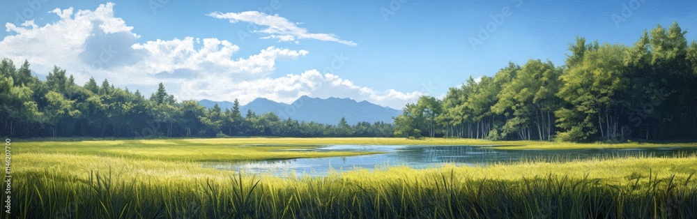 Golden grass gently sways in a tranquil wetland, capturing reflections in calm waters. Bright blue skies and fluffy clouds complete this picturesque natural setting with distant mountains Golden grass gently sways in a tranquil wetland, capturing reflections in calm waters. Bright blue skies and fluffy clouds complete this picturesque natural setting with distant mountains