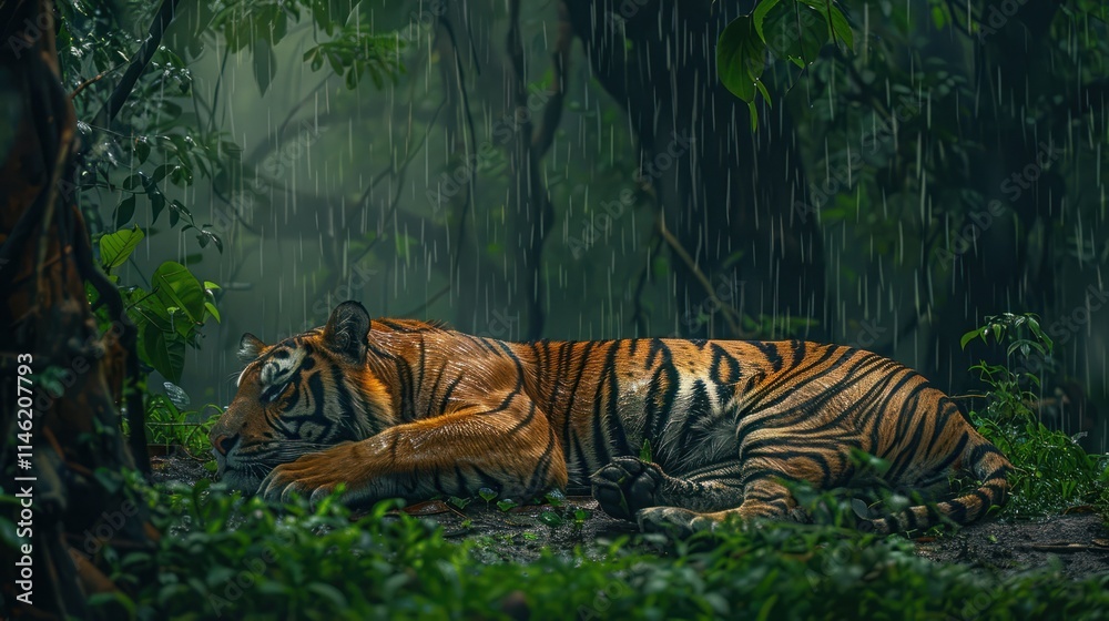 A tiger resting in monsoon rains and lush green park at ranthambore national park A tiger resting in monsoon rains and lush green park at ranthambore national park
