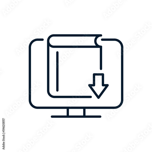 Concept online learning, download book to computer. Vector linear icon isolated on white background.