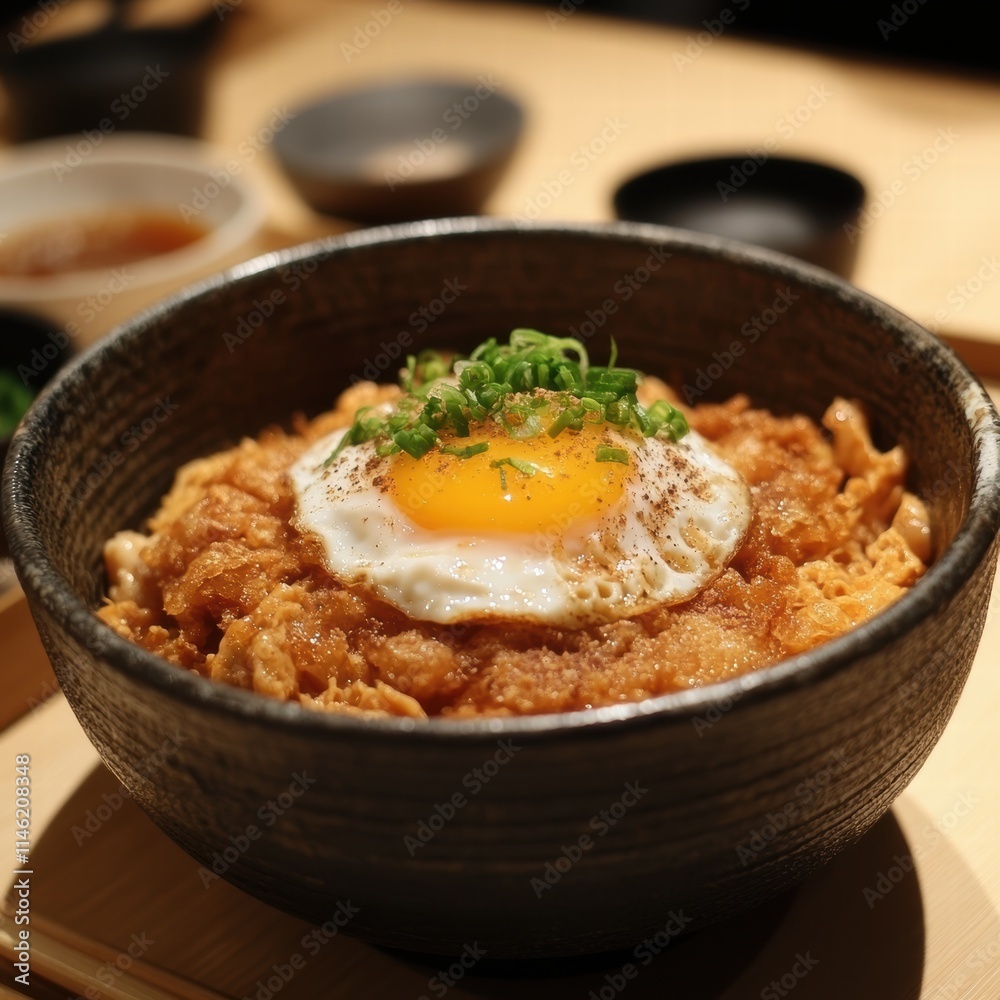 Crispy Pork Katsudon Bowl Japanese Restaurant Food Photography Cozy Atmosphere Close-Up Onsen Egg and Dashi Broth Delight Crispy Pork Katsudon Bowl Japanese Restaurant Food Photography Cozy Atmosphere Close-Up Onsen Egg and Dashi Broth Delight