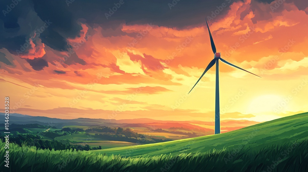 Fototapeta premium Beautiful landscape with wind turbines on meadow at sunset. 3D rendering.