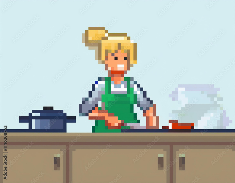 Fototapeta premium Pixel Art Woman Cooking Food
