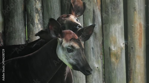 okapi rests in the lush green grass near a wooden fence in the reserve.