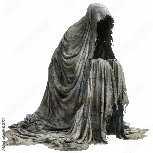 A hooded figure kneeling, shrouded in a tattered robe, appears spectral and ghostly against a white background.