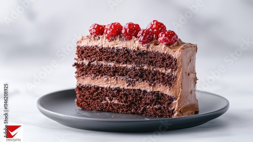 Delicious chocolate cake slice with raspberries. photo