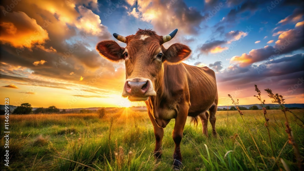 Close-up: A curious brown cow investigates the camera, its silhouette stark against the meadow. Close-up: A curious brown cow investigates the camera, its silhouette stark against the meadow.