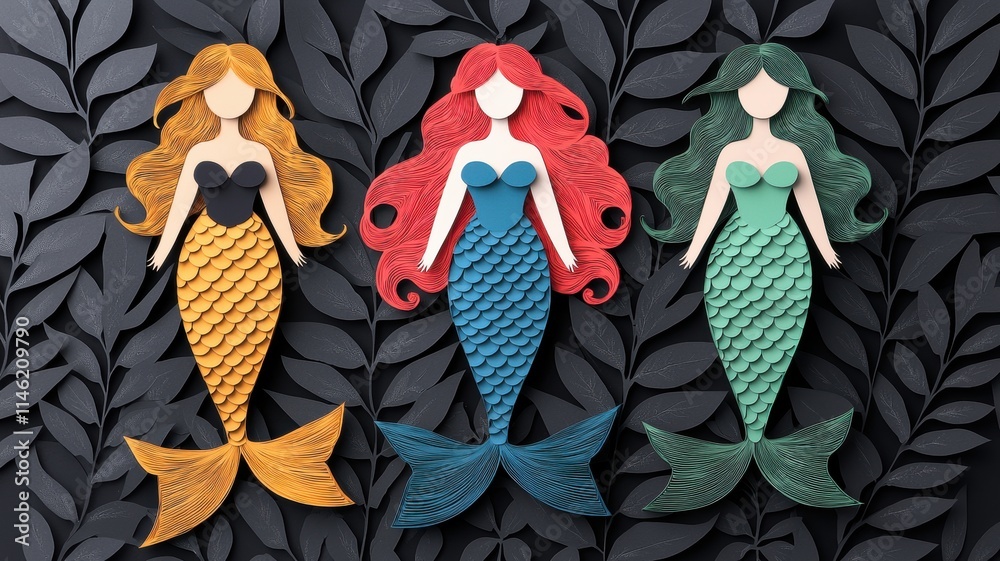 Obraz premium Three Paper Cut Mermaids in Black Leafy Garden