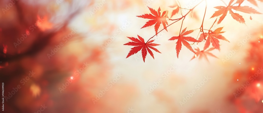Vibrant red maple leaves gracefully adorning tree branches during peak autumn season in serene natural outdoor setting Vibrant red maple leaves gracefully adorning tree branches during peak autumn season in serene natural outdoor setting