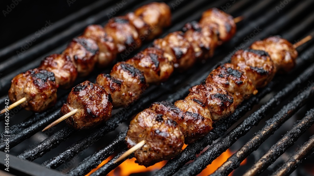 Grilling Tsukune Skewers with Yakitori Sauce and Shichimi Spice Charcoal BBQ Outdoor Dining Savory Delights Grilling Tsukune Skewers with Yakitori Sauce and Shichimi Spice Charcoal BBQ Outdoor Dining Savory Delights