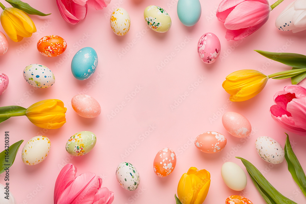 Colorful Easter eggs and tulips on pink background. Top view, flat lay, copy space. Colorful Easter eggs and tulips on pink background. Top view, flat lay, copy space.