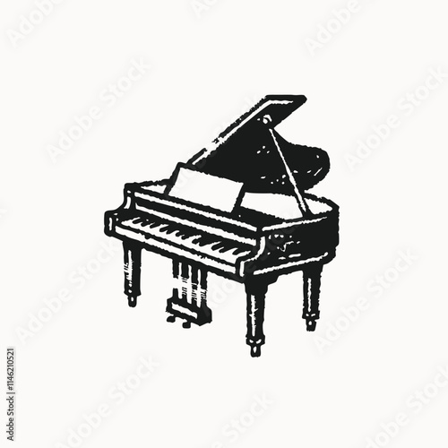 Black piano and black stool on white background. Classical piano musical instrument. Cute flat cartoon style.