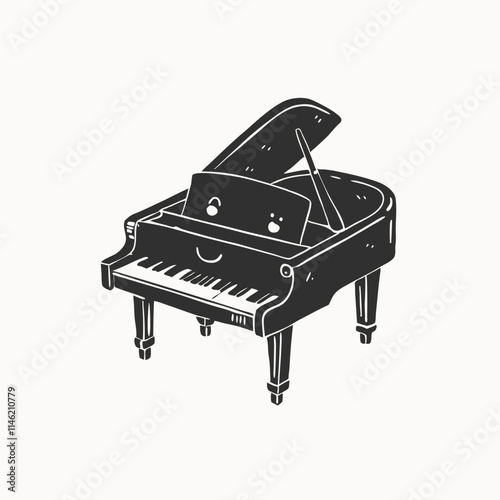 Black piano and black stool on white background. Classical piano musical instrument. Cute flat cartoon style.