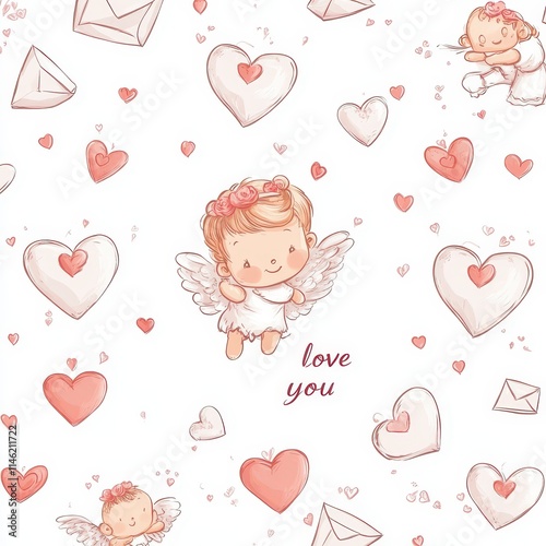 Cupid with Love Letters and Hearts Pattern on a White Background, Valentine's Day Card Design with 