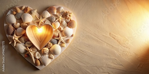 Heart-shaped arrangement of seashells and starfish on a sandy background, illuminated from within photo