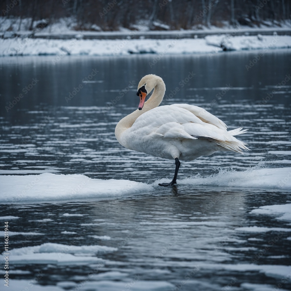 Naklejka premium A white swan gliding across a blue lake surrounded by snowy banks.