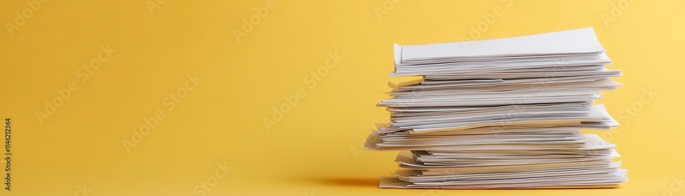 High Stack of Papers on Yellow Background Office Documents Paperwork High Stack of Papers on Yellow Background Office Documents Paperwork