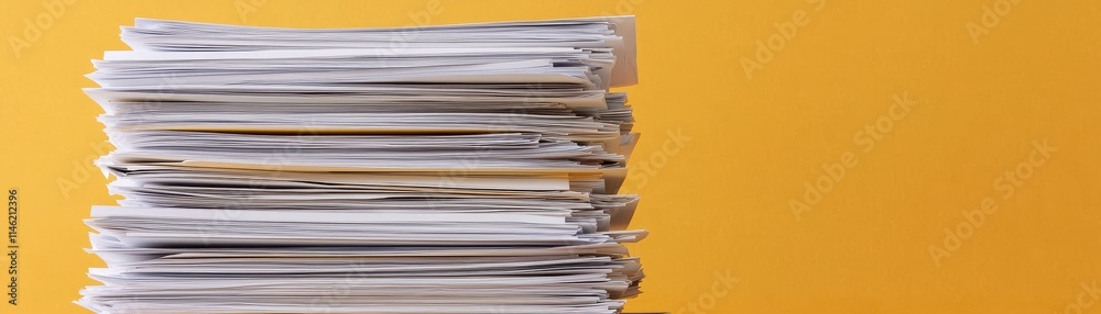 High Stack of Papers Documents Office Work Yellow Background High Stack of Papers Documents Office Work Yellow Background