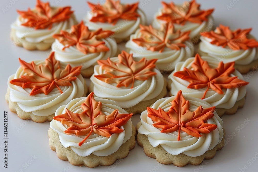 Autumn-themed cookies with orange maple leaf decorations on white frosting served on a white background Autumn-themed cookies with orange maple leaf decorations on white frosting served on a white background