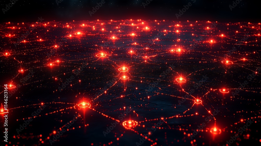 Crimson Grid: Abstract Network of Glowing Red Nodes Crimson Grid: Abstract Network of Glowing Red Nodes
