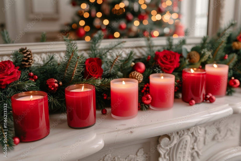 Festive holiday decor with candles and greenery on a mantel in a warm, cozy setting Festive holiday decor with candles and greenery on a mantel in a warm, cozy setting