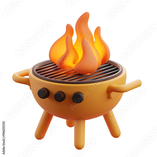 Cartoon-Style 3D Icon of a Round-Edged Matte Finish BBQ Grill with Flames on Isolated White Background