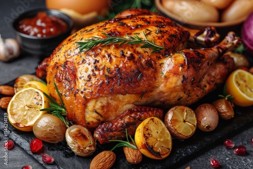 Roasted turkey surrounded by vegetables and herbs on a dark stone platter ready for a festive meal photo