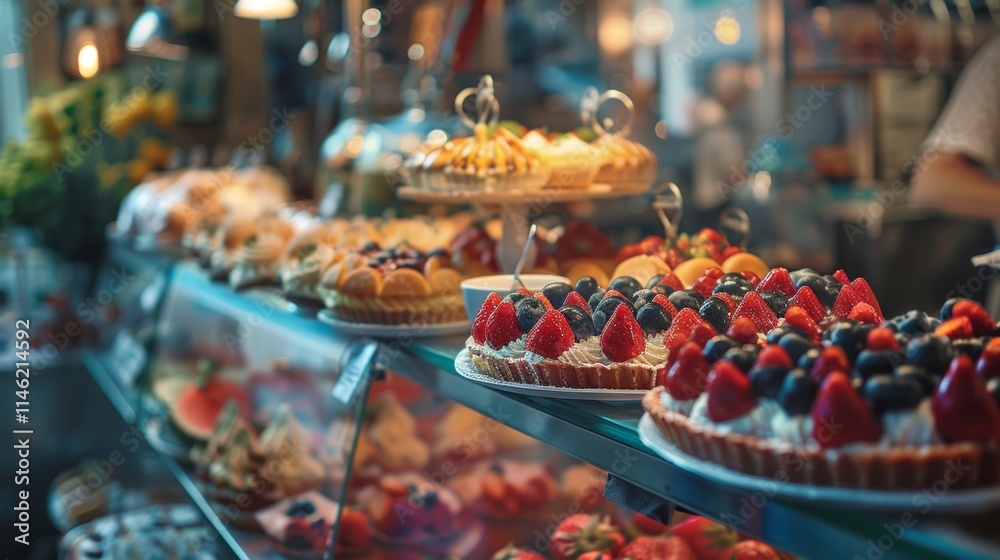 Fototapeta premium Elegant dessert display with cakes and strawberries in a bakery