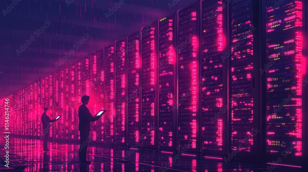 Obraz premium A futuristic data center with rows of glowing servers and cooling systems, where technicians in smart uniforms use tablets to monitor system performance. The hum of technology fills the air. 