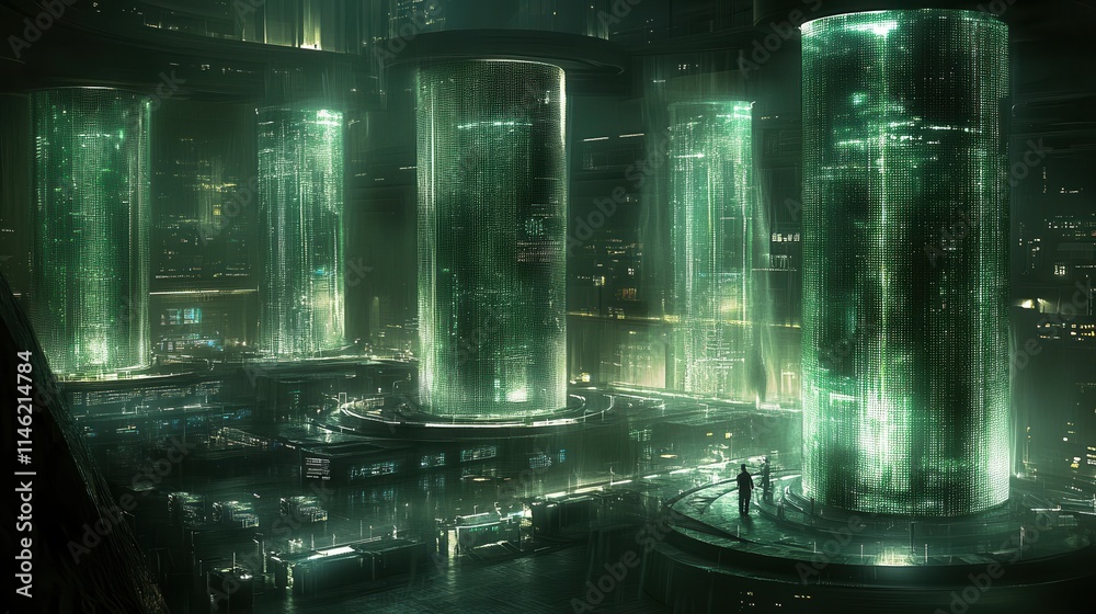 A futuristic data center with rows of glowing servers and cooling systems, where technicians in smart uniforms use tablets to monitor system performance. The hum of technology fills the air. A futuristic data center with rows of glowing servers and cooling systems, where technicians in smart uniforms use tablets to monitor system performance. The hum of technology fills the air.