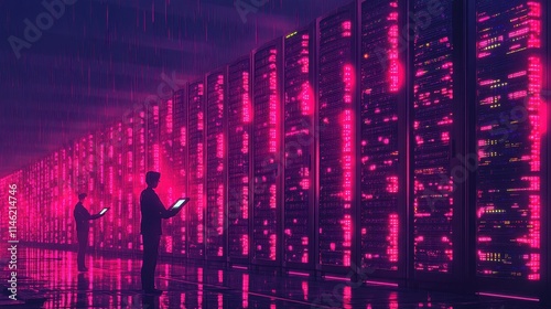 A futuristic data center with rows of glowing servers and cooling systems, where technicians in smart uniforms use tablets to monitor system performance. The hum of technology fills the air.  photo