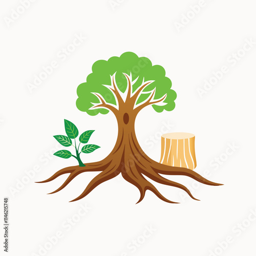 cartoon big tree stump with roots and some blades of grass. Vector Hand Drawn Illustration Isolated On Transparent Background