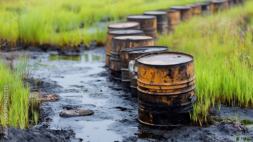 A close-up of industrial waste barrels leaking into the soil, causing irreversible damage to the local ecosystem.  photo