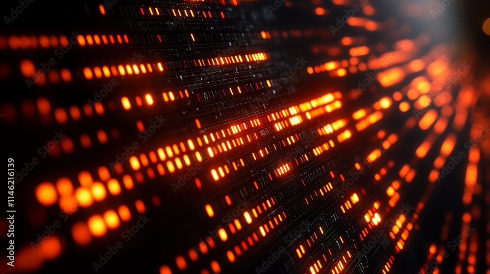 Digital Matrix Flow: Abstract, fiery orange data streams flow across a dark background, creating a dynamic and energetic digital landscape. Perfect for tech, innovation, and futuristic concepts.